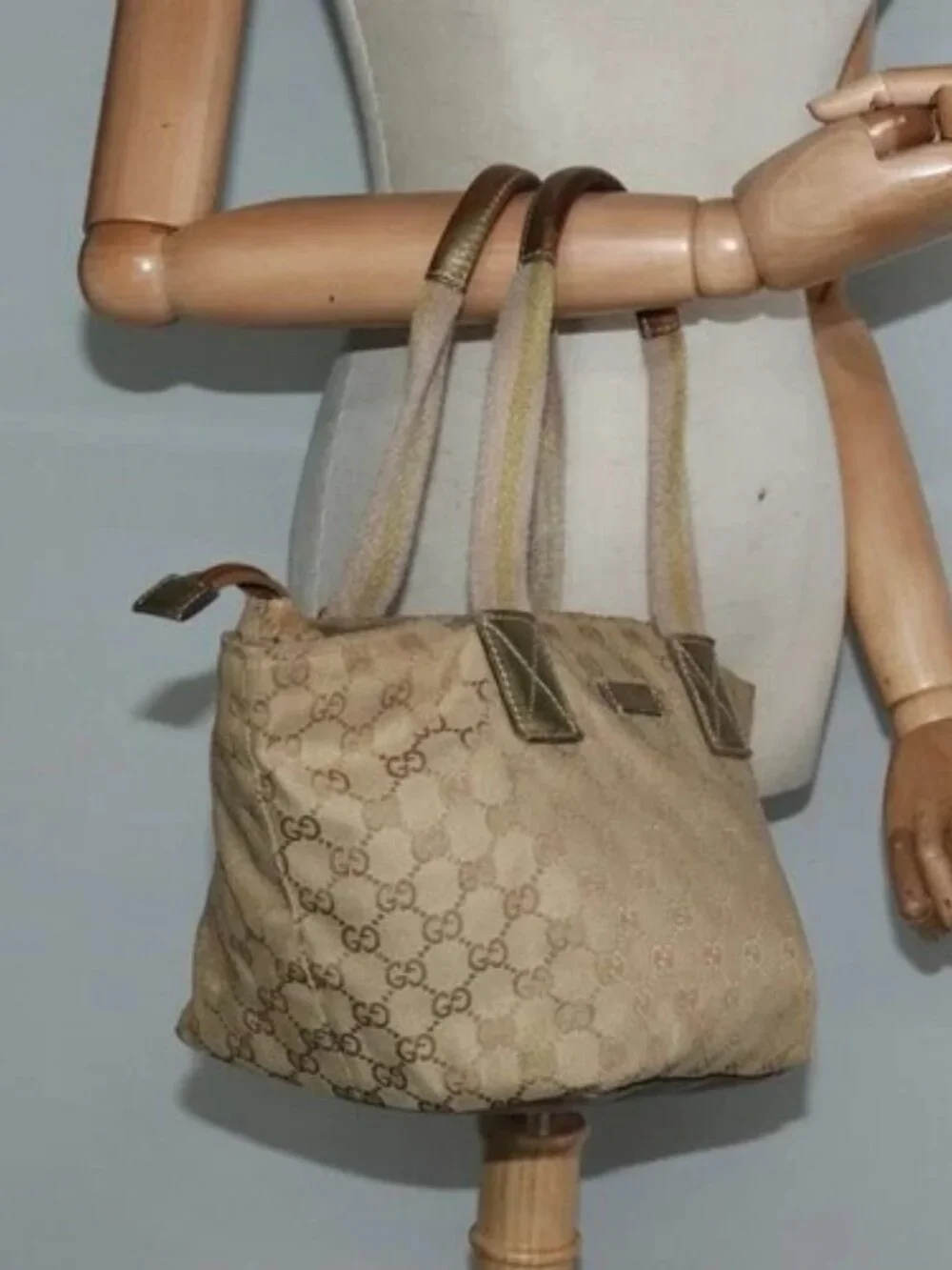 GUCCI GG Canvas Sherry Line Hand Bag Beige Gold pink 131228 Auth ac3698 - Picture 13 of 15